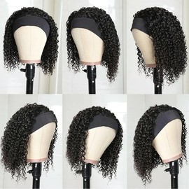 Headband Wig Human Hair Glueless Wig Human Hair Deep Wave Curly Brazilian Natural Women Hair 150% Density Natural Colour 10 Inches (25 cm)