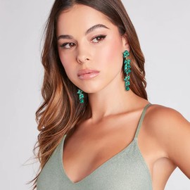 Green Rhinestone Dangle Earrings Long Crystal Dangling Drop Statement Earrings for Women Formal Chandelier Wedding Earring for Bride Prom
