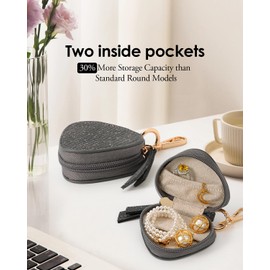 COOLYOUTH Travel Jewelry Case with Keychain Portable Ring Holder Mini Jewelry Srorage Small Leather Pouch (Grey)