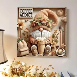 BYGFHLYW Diamond Art Painting Kits for Adults, Gnome Drinks Coffee 5D Diamond Painting Dots Art Kits for Adults Beginner, DIY Full Round Gem Crystal Art Paint by Diamond, Home Wall Decor 14x 14 in