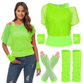 WILDPARTY Women's ‘80s/‘90s Outfit, Fishnet T-Shirt, Sleeveless Top, Leg Warmers, Fishnet Gloves, ‘80s Costume, Fishnet Top, Women's Tops, Neon T-Shirt, ‘80s Aerobics Outfit, Clothing Themed Party,