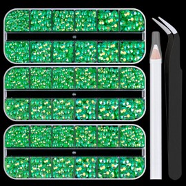 5000PCS Resin Rhinestones with Tweezers for Crafting, 2/3/4/5/6mm Flatback Jelly Rhinestones, 3 Box Dark Green AB Non Hotfix Crystal Gems for DIY Crafts Mugs Tumblers Clothes Makeup Nail
