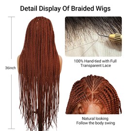 SUPERNOVA #350 Full Lace Box Braided Wig Special Top Design Knotless Braided Wigs For Black Women Transparent 360 Full Lace Handmade Synthetic Hair Boho Braids Wig Orange Ginger Colored Wigs 36inch