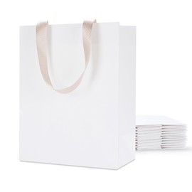 YUEYANG White Gift Bags Pack of 10, 8x4.25x10 inch White Kraft Paper Gift Bags with Ribbon Handles - Boutique Gift Bags for Wedding Welcome, Shopping, Merchandise, Goodies, Parties, and More