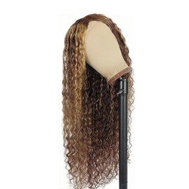 AiPliantfis Curly Wave Human Hair Wig Blonde Echthaar Perücke Damen 4X1 Lace Glueless Wig Wear and Go P427 Highlight Pre Plucked 150% Density Unprocessed Brazilian Remy Hair 26 Zoll