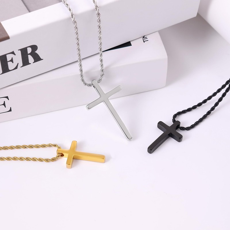 Fiusem Cross Necklace for Men, Black Plated Small Cross Pendant