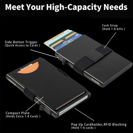 RARITIK Slim Smart Card Holder Wallet for Men, RFID Blocking Minimalist Metal Pop Up Wallet, Expandable Compact Plate, Holds 12+ Cards,Cash Strap/Money Clip (Black)