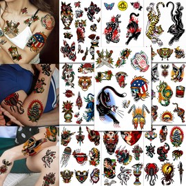CHARLENT Unisex Vintage American Traditional Temporary Tattoos - 9 Sheets Large Old School Fake Tattoos for Adult Men Women