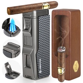 USEWIRE Cigar Lighter and Ashtray Set, Quad Windproof Jet Flame, with Cigar Holder and Cigar Punch, Refillable Butane Gas Lighter, Multifunctional Cigar Accessories Gift Set