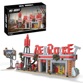 Xalvitra Red Rocket Gas Station Building Blocks Toys, Wasteland Truck Stop Classic Game Merch Creative Action Figures Merchandise, Collectible Present for Fans Friends Kids
