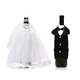 Wedding Wine Bottle Wrap Covers for Bride Groom, Wedding Party Banquet Dinner Table Decorations, White Tulle Dress Black Tuxedo Dress Wine Bottle for Bridal Shower Table Centerpieces Decor Accessories