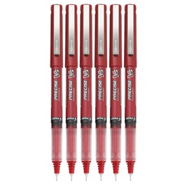 Advantage Gifts Precise V5 Stick Rolling Ball Pens, Extra Fine Point (.5mm), Red Ink, 6-pk; Bundle with Plastic Reusable Pouch