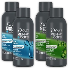 Dove Travel Size Body & Face Wash for Men, 4 Pack – 2 Extra Fresh + 2 Clean Comfort, 24-Hour Nourishing MicroMoisture, 3 oz ea.