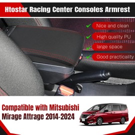 Htostar Racing Consoles Armrest Compatible with Mitsubishi Mirage Attrage 2014-2024 Center Console Box with USB Charge Armrest Box Accessories Black with Red Stitching