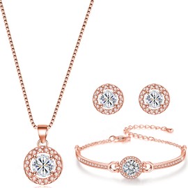 MESU Jewellery Set Pendant Necklace Earrings Tennis Bracelet Set Cubic Zirconia Jewellery for Women Rose Gold