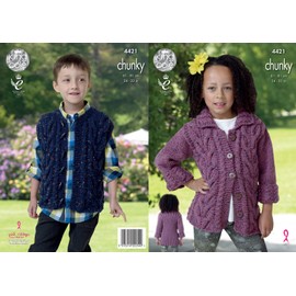 King Cole Kids Knitting Pattern Girls Boys Cable Detail Jacket & Gilet Chunky Tweed (4421)