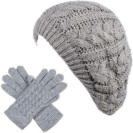 BYOS Women's Winter Classic Cable Fleece Lined Knit Beret Beanie Hat Gloves Set
