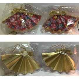 Handmade 2 Vintage Christmas Mid Century Cardboard Fan Ornaments Barbiecore Turquoise NOS