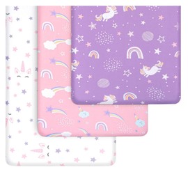GROW WILD Unicorns & Rainbows Fitted Crib Sheets Girl (3 Pack) - Soft Jersey Cotton Fitted Sheet, Toddler Bed Mattress & Baby Crib Bedding Set for Girls, Baby Girl Nursery Crib - Pink, Purple & White