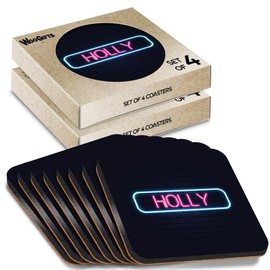 8 x Square Coasters - Neon Sign Design Holly Name Cork Backed MDF Glossy Tea Coffee Accessory #353035