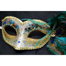Masquerade Mask Teal Glitter Women Party Mask Masquerade Mask with Gems & Peacock Feathers