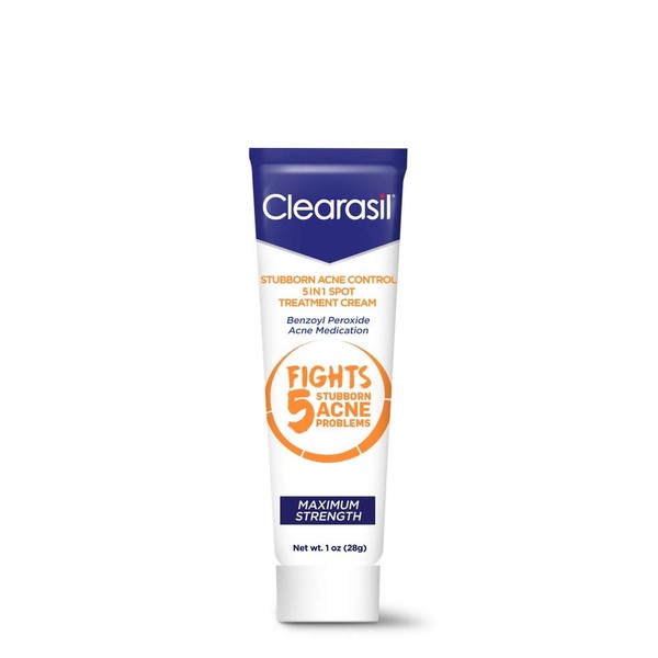 Clearasil Stubborn Acne Control 5in1 Spot Treatment Cream, Maximum Strength, Benzoyl Peroxide Acne Medication, Fights Blocked Pores, Pimple Size, Excess Oil, Acne Marks & Blackheads, 1 oz (Pack of 5)