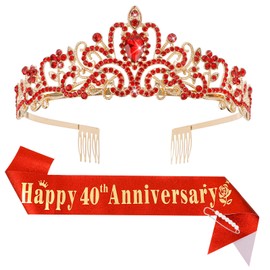 YARIEW 40th Anniversary Decorations, Red Crown and Happy 40th Anniversary Sash Set, Tiara Crown Sash for 40th Wedding Anniversary Decorations for Party Gifts for Women