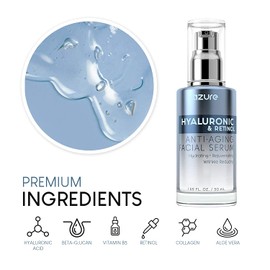 AZURE Hyaluronic & Retinol Anti Aging Facial Serum - Hydrating, Anti Aging & Rejuvenating | Reduces Wrinkles, Fine Lines & Creases | Evens & Restores Skin Tone | Made in Korea - 50mL