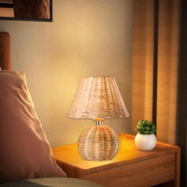 Bamboo Table Lamp with Plug and Switch Bedside Lamp Vintage E14 Table Lamp Bamboo Woven Lantern with 1.5 m Cable Handmade Woven Table Lighting for Bedroom Living Room Children's Room