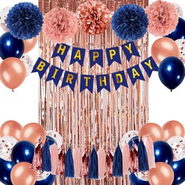 JCitimix Rose Gold and Navy Blue Birthday Decorations for Women, Pink and Blue Party Decorations for Girls with Happy Birthday Banner,Tassels,Curtains, Tissue Pompoms
