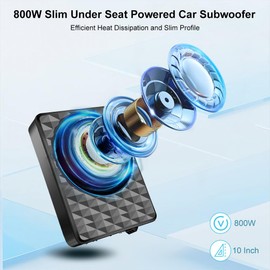 litillbuly 10 Inch 800W Slim Under Seat Car Subwoofer with Built-in Amplifier | High/Low Level Inputs | Remote Bass Control | for Car & Truck Audio | Includes Wiring Kit (Football Design)