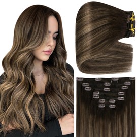 Full Shine Hair Extensions for Women Clip in Human Hair Extensions Color 2/8/2 Dark Brown Balayage Chestnut Brown Clip in Hair Extensions Real Human Hair 18 Inch 7 Pcs