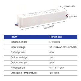 TorqCali LPV-60-24 60W 24V 2.5A Single Output IP67 LED Power Supply Driver Constant Voltage