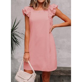Falechay Sundresses for Women Plus Size Bow Tie Summer Dress Square Neck Short Butterfly Sleeve Casual Womens Dresses Babydoll Tea Party Oversized Flowy Sundress Chiffon Clothes Pink XXL