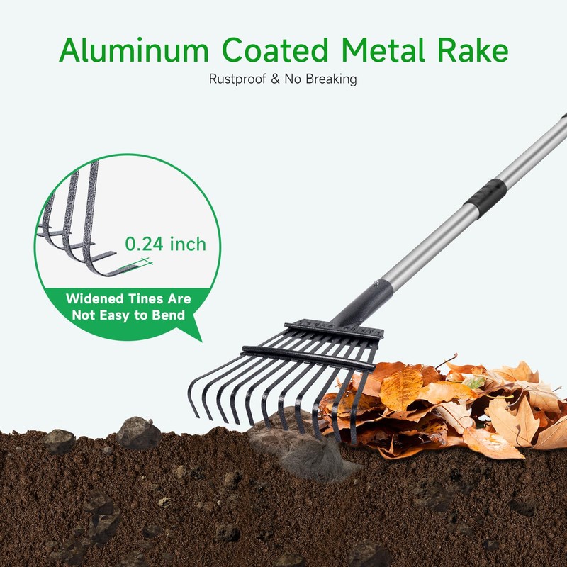GreatBuddy Adjustable Leaf Rake, 8'' Wide Metal Rake, Perfect for