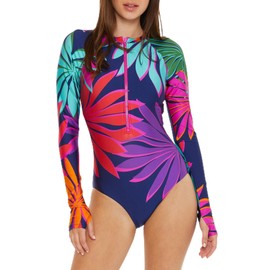 Trina Turk Women's Standard Wailea Zip-Up One Piece Swimsuit, Tropical Print, Bathing Suits, Multicolor