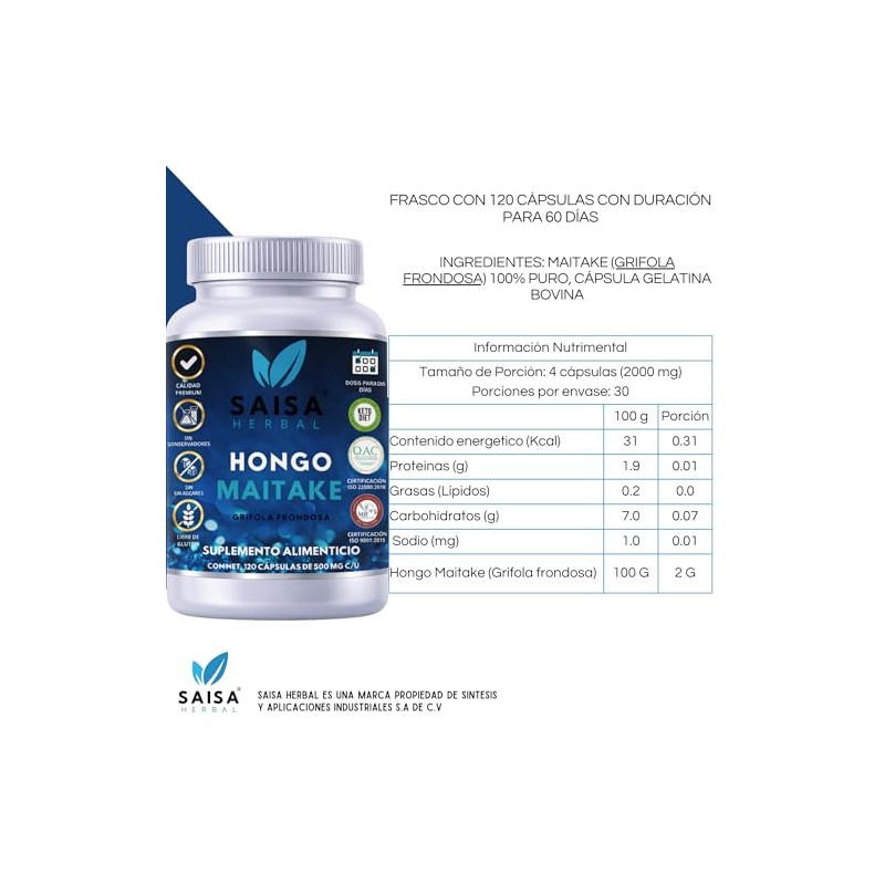 Hongo Maitake Orgánico Con 120 Cápsulas Saisa Herbal