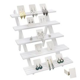 sinyad 101pcs 5-Tier Wood Earring Display Stand, Retail Display Riser Earring, Ring Holder Stand, Removable Countertop Small Merchandise Display Stand with 100 Pcs Earring Card (White)
