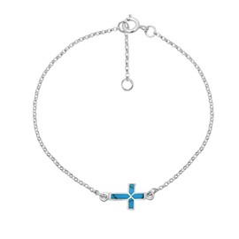AeraVida Charm Stylish Cross on a Chain with Simulated Turquoise Inlay .925 Sterling Silver Link Bracelet