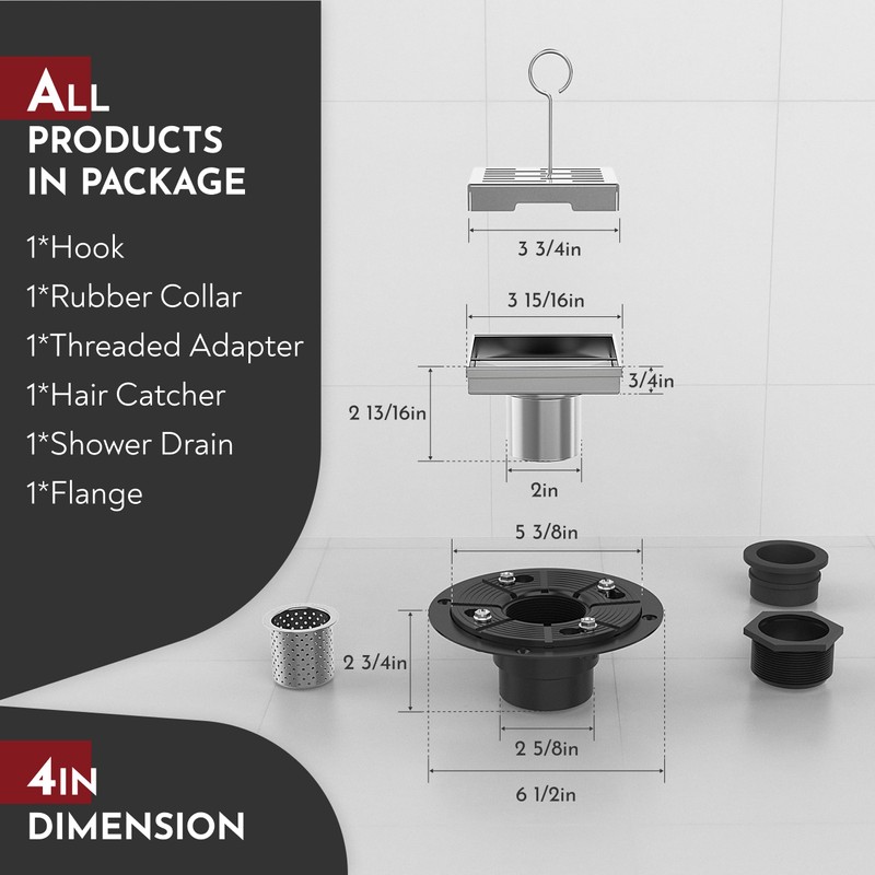 WEBANG 4 Inch Square Shower Drain Brushed Floor Drain with