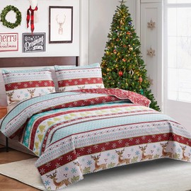 Reversible Xmas Quilts Twin Size Christmas Bedding Bedspread Lodge Cabin Moose Coverlet Lightweight Rustic Reindeer Elk Snowflake Bed Set Red Blue Green Stripe Quilt Set