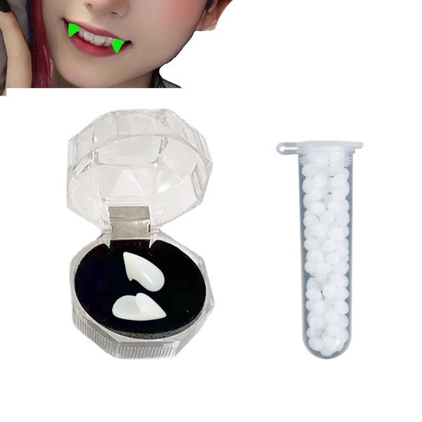 Noctilucent Vampire Fangs Teeth with Adhesive，2 Teeth Glue Vampire Accessories