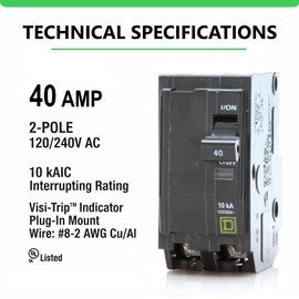 Square D QO240 40 Amp (40A) Genuine Double Pole (2 Pole) Circuit Breaker, 120/240V AC, 10kAIC, Plug-in Mount for QO Load Centers, Visi-Trip Indicator, New Replacement Breaker – Pack of 1