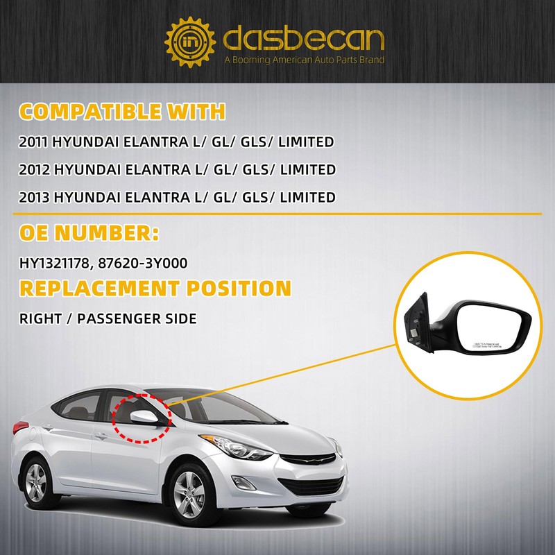 Dasbecan Right Side Mirror Compatible With 2011-2013 Hyundai Elantra DIY
