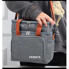 Ferni's Double Deck Insulated Lunch Bag, Dual Compartment Lunch Box for Men and Women Office, Leakproof Thermal Expandable Tote Bag with Shoulder Strap Grey