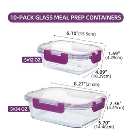 HAKEEMI 10 Pack Glass Food Storage Containers with Airtight Lids, Ideal for Meal Prep, Lunches - Microwave and Dishwasher Safe, Deep Purple