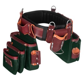 FUERI Tool Belt Men Heavy Duty 26 Pocket Tools Bags Pouches Holder Organizer for Carpenter Construction Electrician Framer Nylon Leather (Green & Maroon, Large 36" - 42")