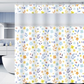 Miesherk Floral Daisy Shower Curtain with Mesh Top Window,Fresh and Colorful Design with 12 Hooks,Blue and Yellow Floral Shower Curtain,Waterproof Polyester Fabric Bath Curtain,72x72 In