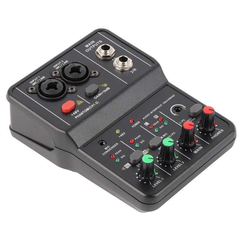 2 Channels Audio Mixer USB 48V Phantom Power Compact Sound