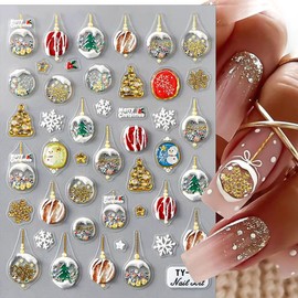 Glitter Gold Winter Snowflake Nail Sticker 5D Acrylic Gel Jelly Christmas Nail Stickers Snowman Nail Decals for Nail Art Supplies Christmas Bells Snowflakes Nail Art Stickers Self Adhesive Nail Decal